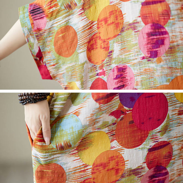 Abito midi in cotone con maniche a mezza manica e tasche, con pois colorati blu e arancioni, Buddha Stones - image 16