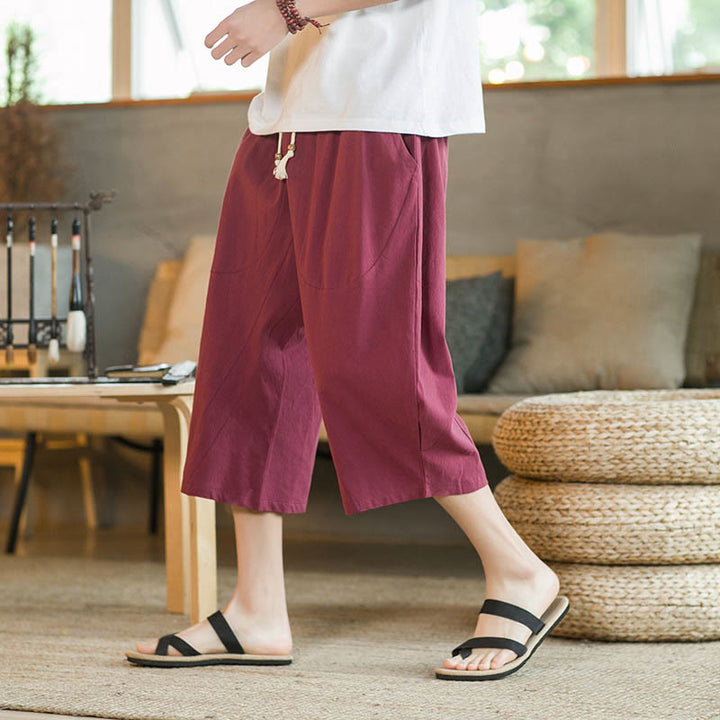 Pantaloni larghi di media lunghezza in cotone da uomo con tasche e tinta unita Buddha Stones - image 32