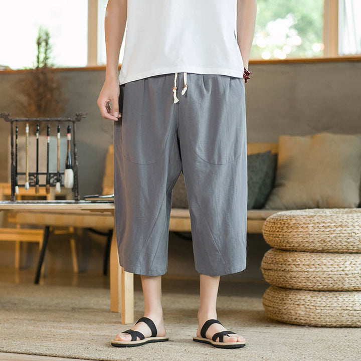 Pantaloni larghi di media lunghezza in cotone da uomo con tasche e tinta unita Buddha Stones - image 41