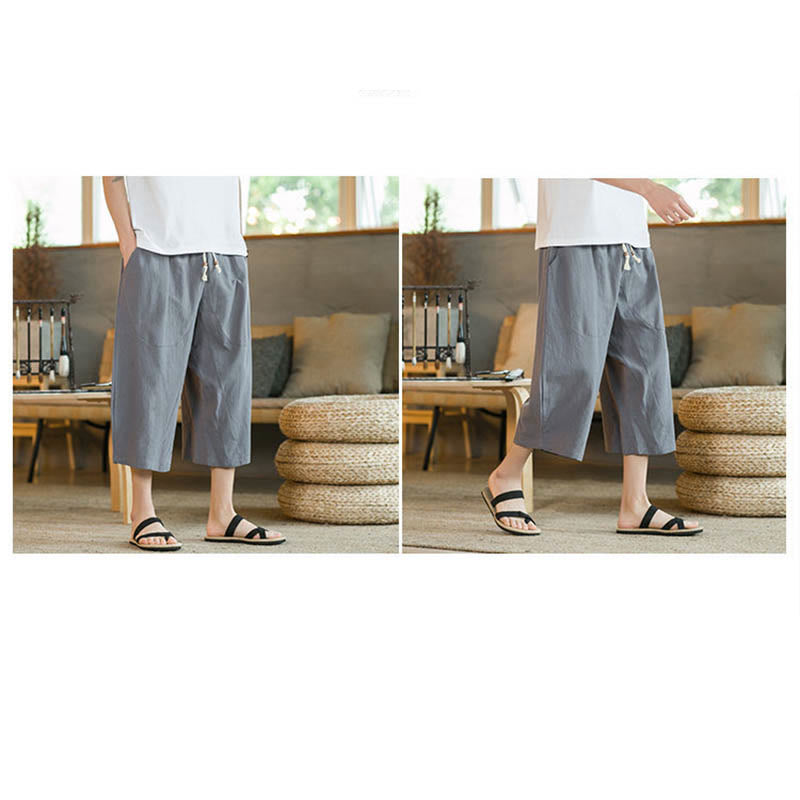 Pantaloni larghi di media lunghezza in cotone da uomo con tasche e tinta unita Buddha Stones - image 48