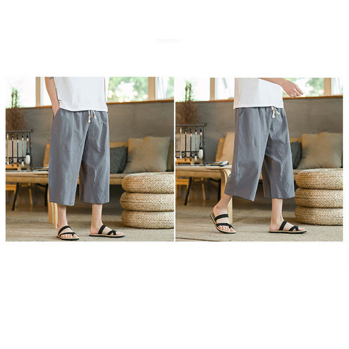 Pantaloni larghi di media lunghezza in cotone da uomo con tasche e tinta unita Buddha Stones - image 48
