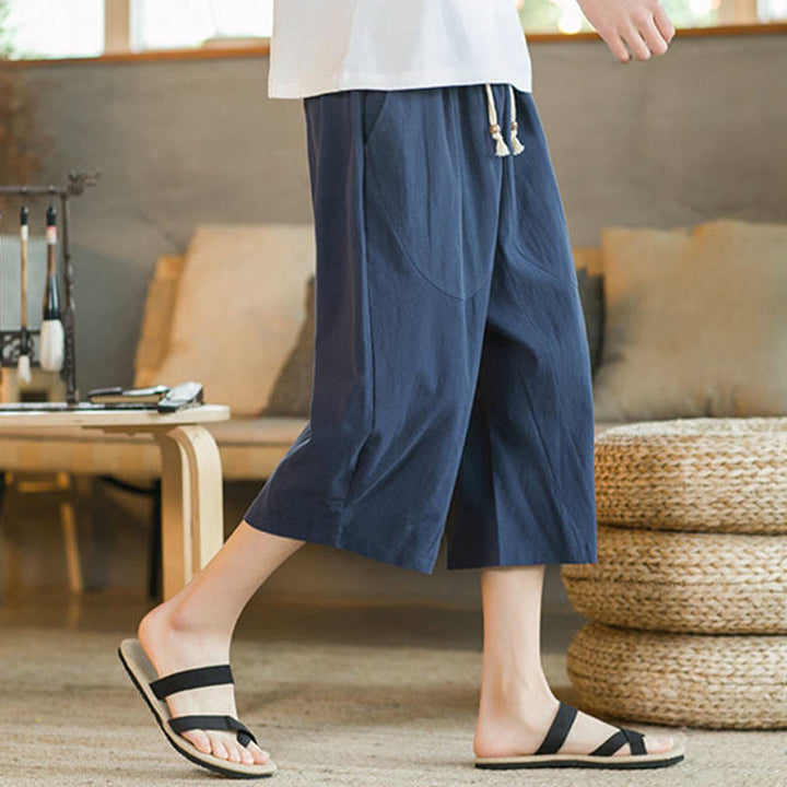Pantaloni larghi di media lunghezza in cotone da uomo con tasche e tinta unita Buddha Stones - image 25