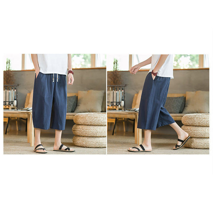 Pantaloni larghi di media lunghezza in cotone da uomo con tasche e tinta unita Buddha Stones - image 29