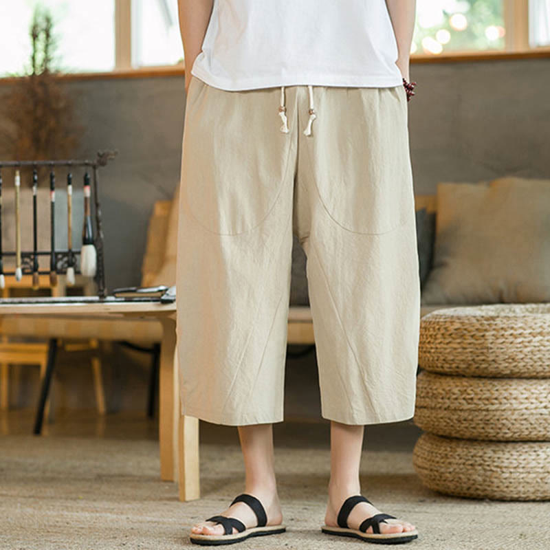 Pantaloni larghi di media lunghezza in cotone da uomo con tasche e tinta unita Buddha Stones - image 18