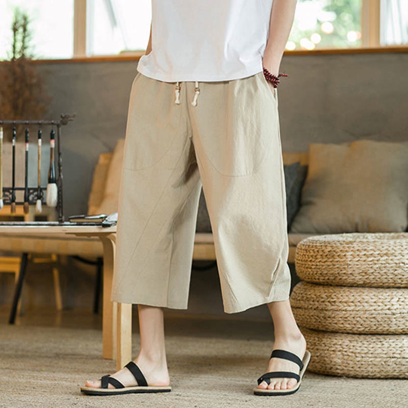 Pantaloni larghi di media lunghezza in cotone da uomo con tasche e tinta unita Buddha Stones - image 17