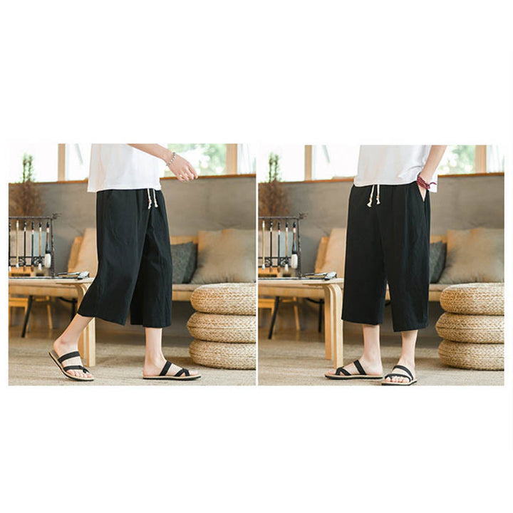 Pantaloni larghi di media lunghezza in cotone da uomo con tasche e tinta unita Buddha Stones - image 11