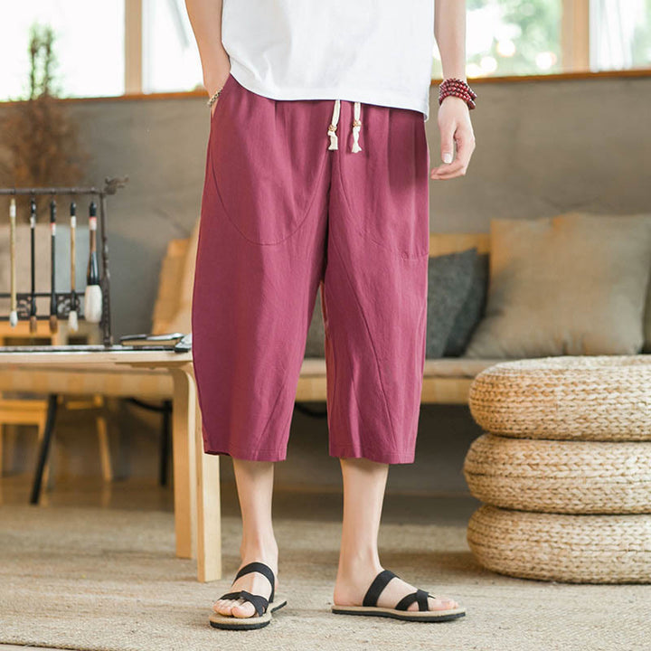 Pantaloni larghi di media lunghezza in cotone da uomo con tasche e tinta unita Buddha Stones - image 33