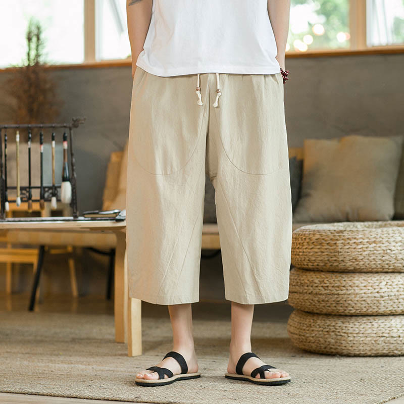 Pantaloni larghi di media lunghezza in cotone da uomo con tasche e tinta unita Buddha Stones - Cachi - US/UK/AU46, EU56 (5XL)  - image 13