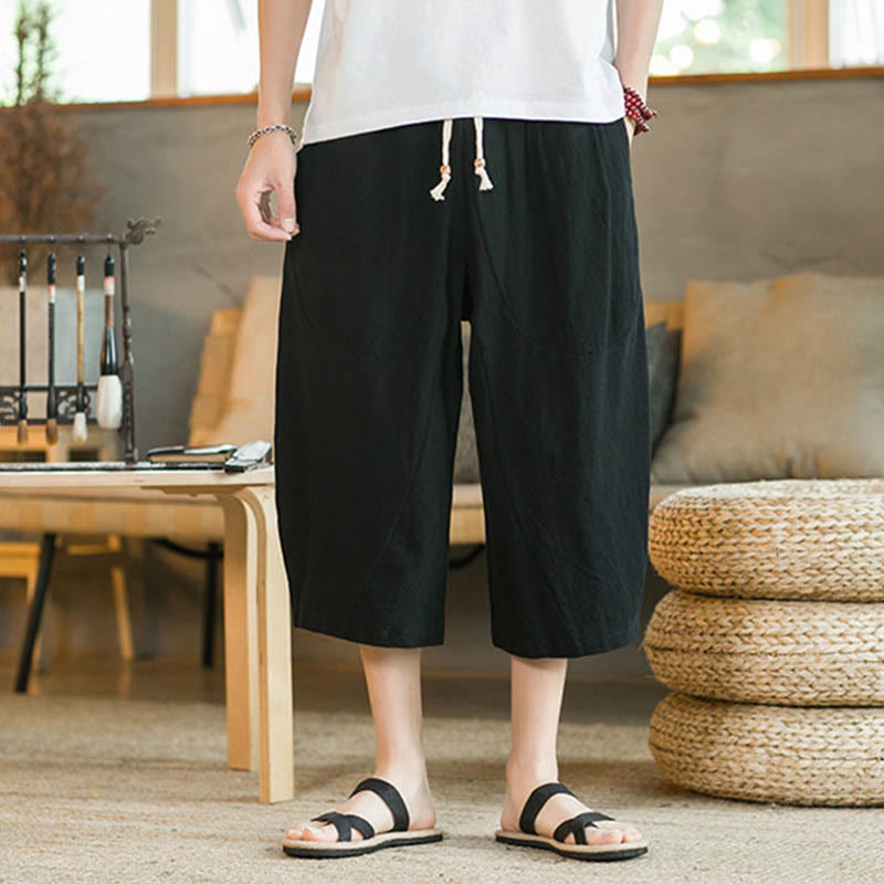 Pantaloni larghi di media lunghezza in cotone da uomo con tasche e tinta unita Buddha Stones - image 1