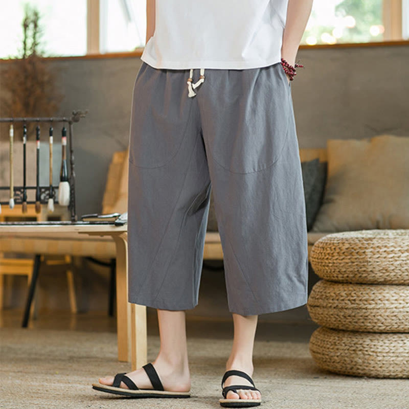 Pantaloni larghi di media lunghezza in cotone da uomo con tasche e tinta unita Buddha Stones - image 46