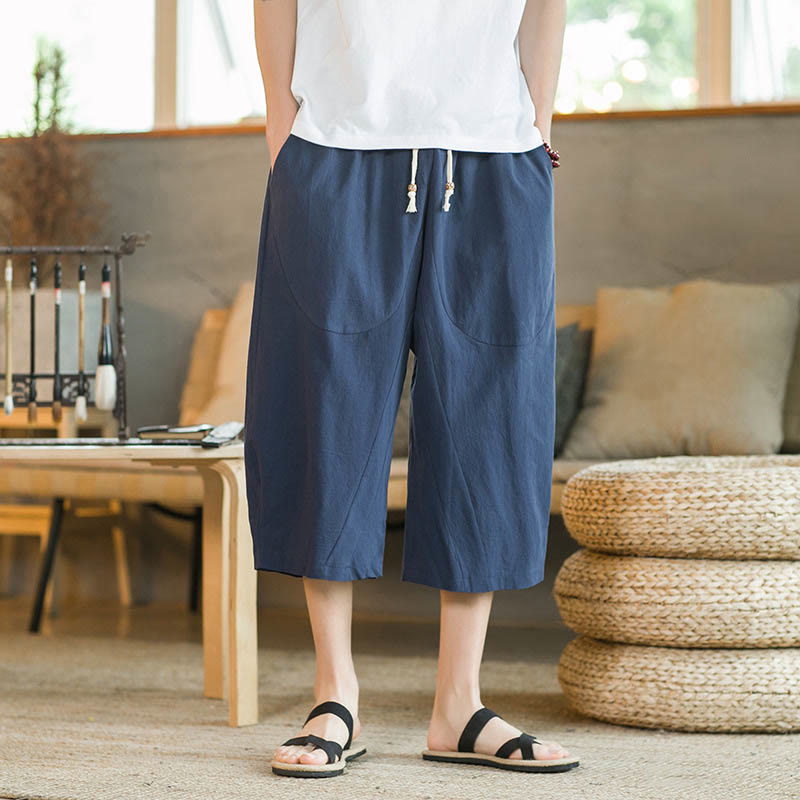 Pantaloni larghi di media lunghezza in cotone da uomo con tasche e tinta unita Buddha Stones - image 22