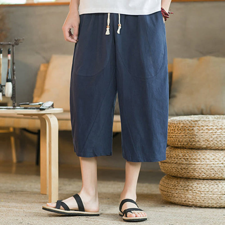 Pantaloni larghi di media lunghezza in cotone da uomo con tasche e tinta unita Buddha Stones - image 28