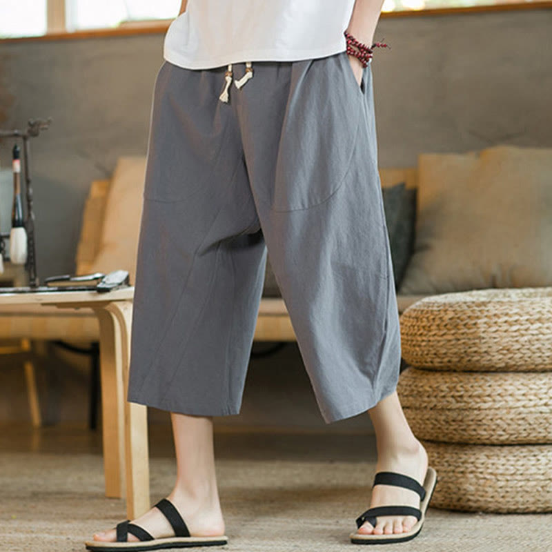 Pantaloni larghi di media lunghezza in cotone da uomo con tasche e tinta unita Buddha Stones - image 47