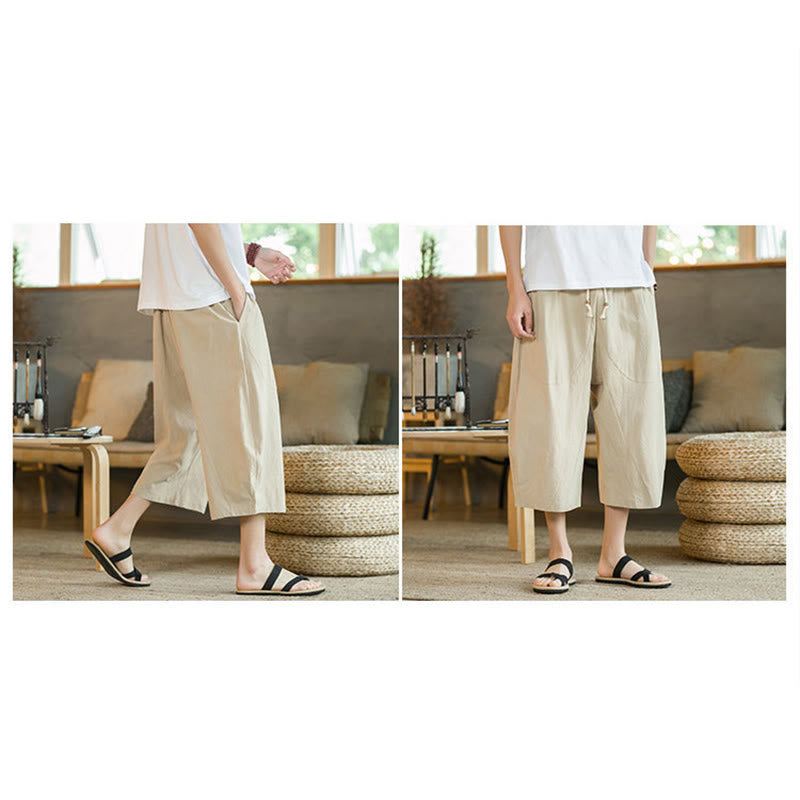 Pantaloni larghi di media lunghezza in cotone da uomo con tasche e tinta unita Buddha Stones - image 20