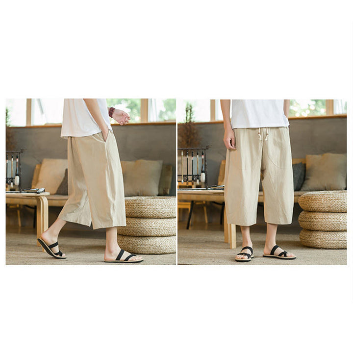 Pantaloni larghi di media lunghezza in cotone da uomo con tasche e tinta unita Buddha Stones - image 20