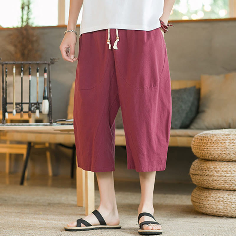 Pantaloni larghi di media lunghezza in cotone da uomo con tasche e tinta unita Buddha Stones - image 36