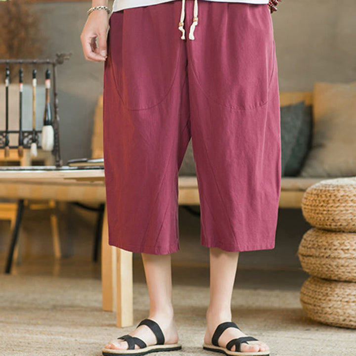 Pantaloni larghi di media lunghezza in cotone da uomo con tasche e tinta unita Buddha Stones - Rosso - US/UK/AU46, EU56 (5XL)  - image 30
