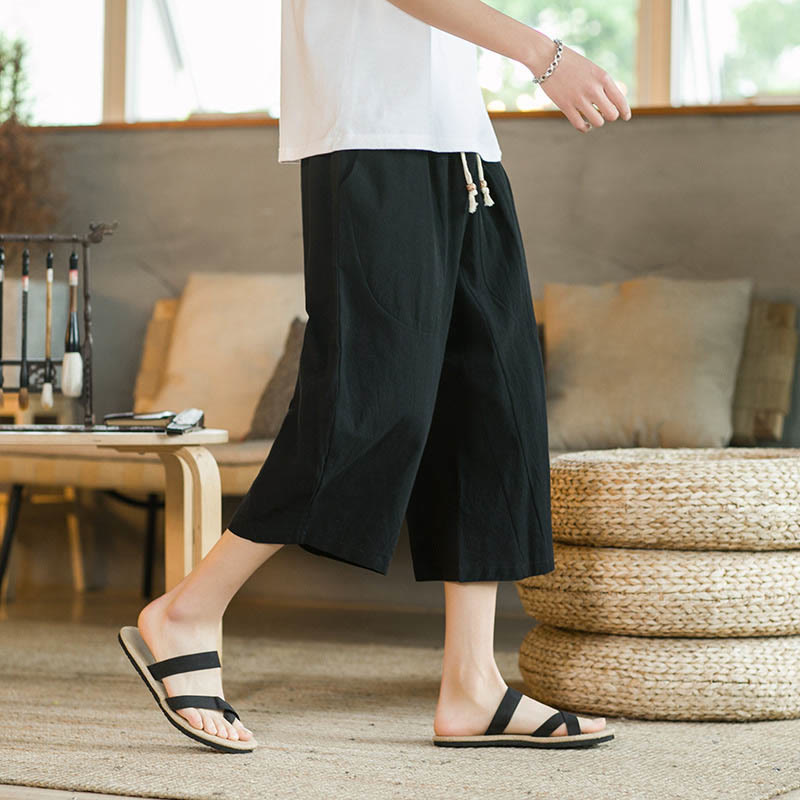 Pantaloni larghi da uomo in lino di media lunghezza con tasche e tinta unita Buddha Stones - Nero - US/UK/AU46, EU56 (5XL) - image 1