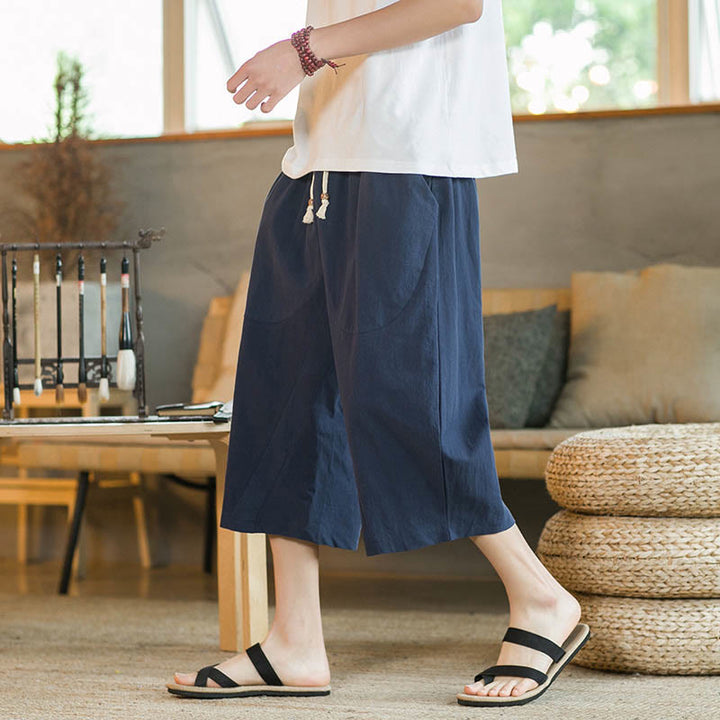 Pantaloni larghi da uomo in lino di media lunghezza con tasche e tinta unita Buddha Stones - Blu navy - US/UK/AU46, EU56 (5XL) - image 10