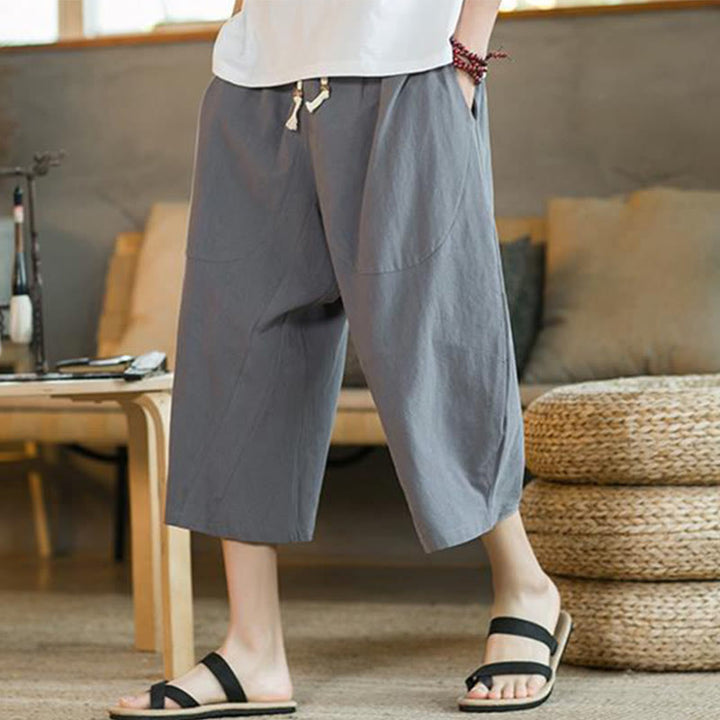 Pantaloni larghi da uomo in lino di media lunghezza con tasche e tinta unita Buddha Stones - Grigio - US/UK/AU46, EU56 (5XL) - image 26