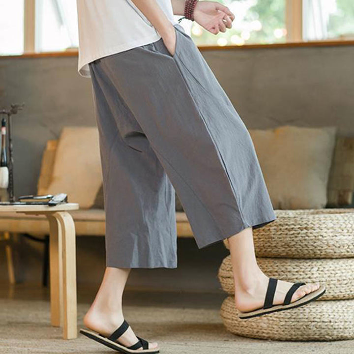 Pantaloni larghi da uomo in lino di media lunghezza con tasche e tinta unita Buddha Stones - image 28