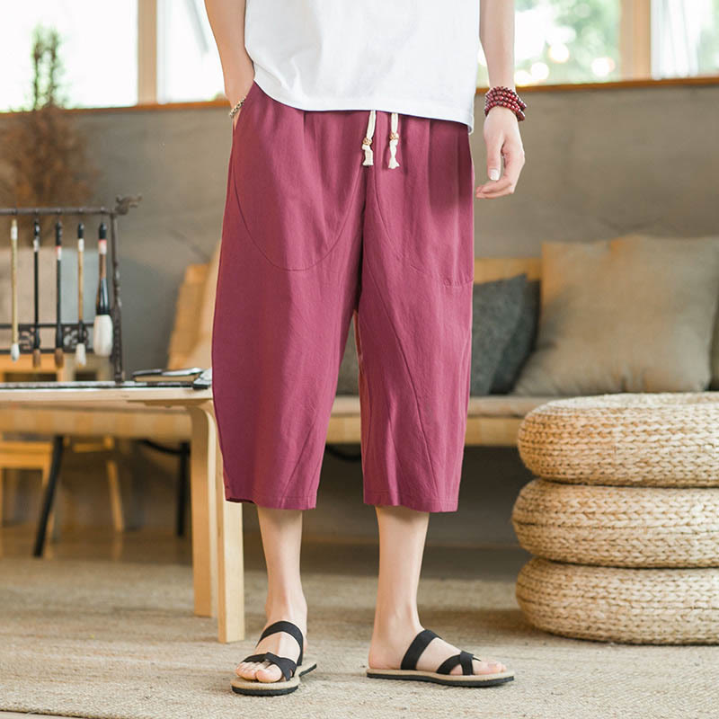 Pantaloni larghi da uomo in lino di media lunghezza con tasche e tinta unita Buddha Stones - image 19