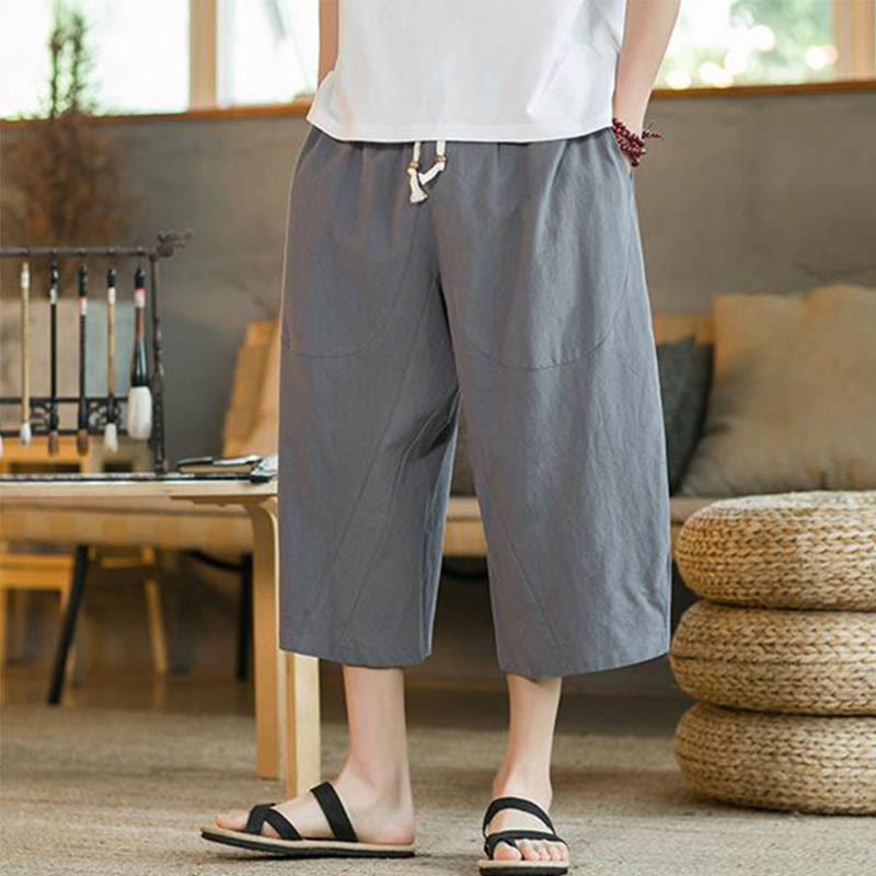 Pantaloni larghi da uomo in lino di media lunghezza con tasche e tinta unita Buddha Stones - image 29