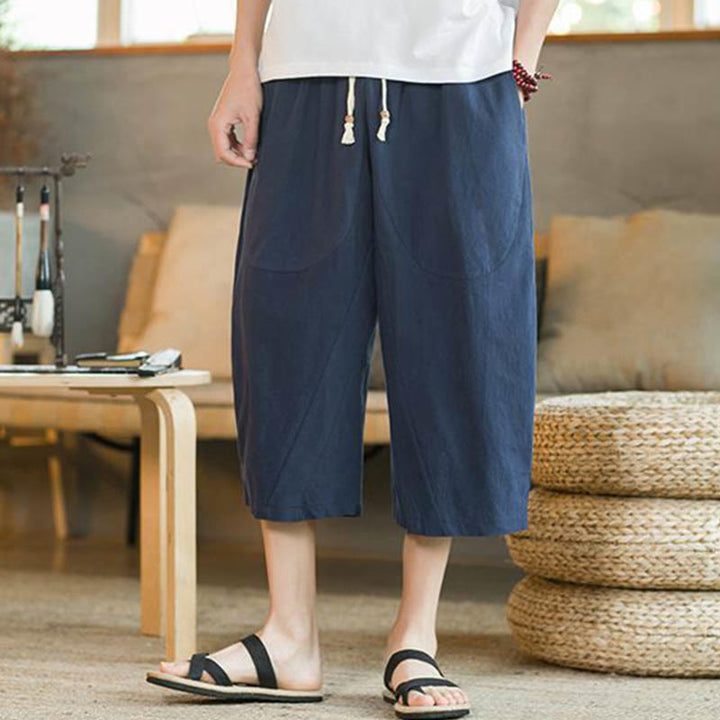 Pantaloni da uomo a gamba larga, tinta unita, lunghezza media, con tasche, con Buddha Stones. - image 12
