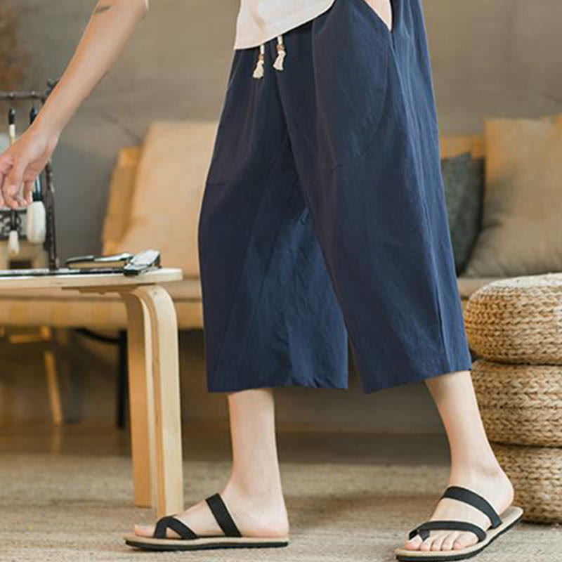Pantaloni larghi da uomo in lino di media lunghezza con tasche e tinta unita Buddha Stones - image 11