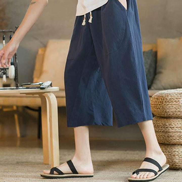 Pantaloni da uomo a gamba larga, tinta unita, lunghezza media, con tasche, con Buddha Stones. - image 9