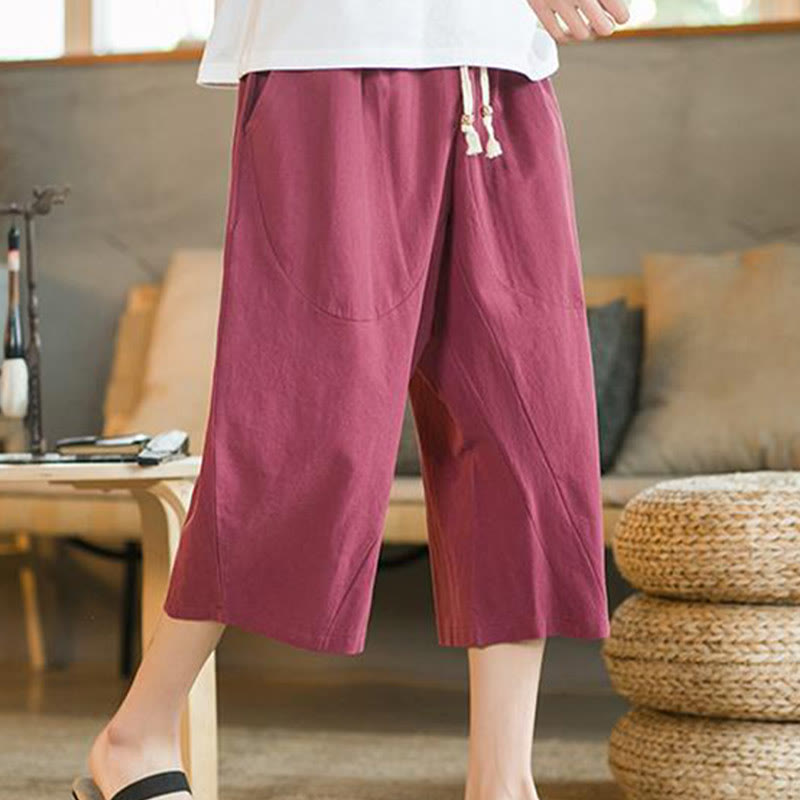 Pantaloni larghi da uomo in lino di media lunghezza con tasche e tinta unita Buddha Stones - Rosso - US/UK/AU46, EU56 (5XL) - image 17