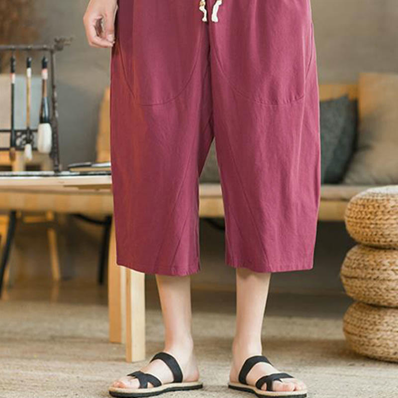 Pantaloni larghi da uomo in lino di media lunghezza con tasche e tinta unita Buddha Stones - image 21