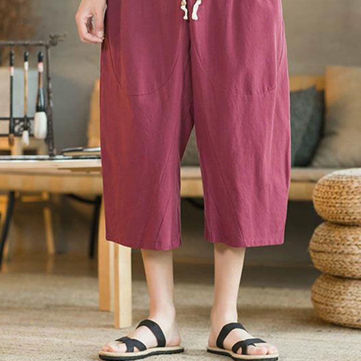 Pantaloni larghi da uomo in lino di media lunghezza con tasche e tinta unita Buddha Stones - image 21
