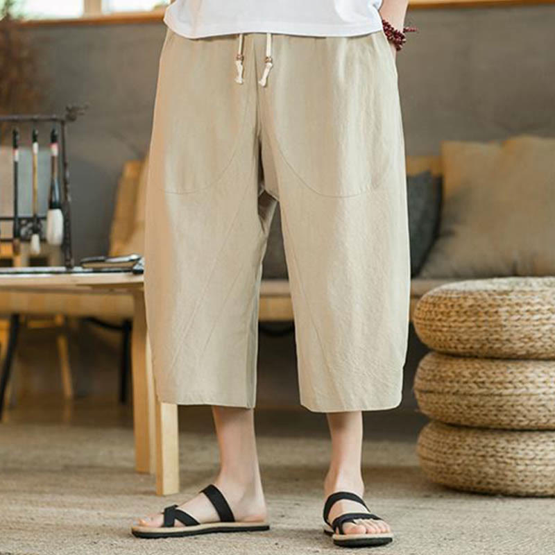 Pantaloni da uomo a gamba larga, tinta unita, lunghezza media, con tasche, con Buddha Stones. - image 3
