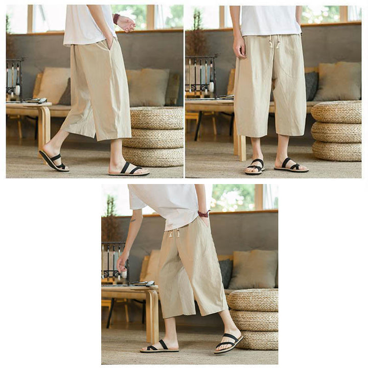 Pantaloni larghi da uomo in lino di media lunghezza con tasche e tinta unita Buddha Stones - image 9