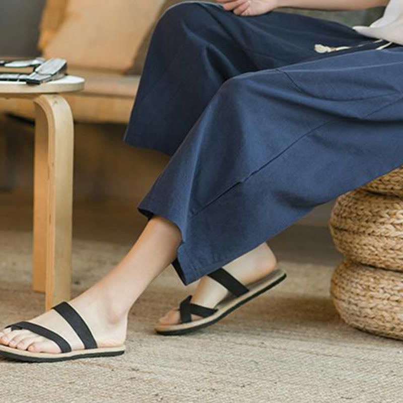 Pantaloni larghi da uomo in lino di media lunghezza con tasche e tinta unita Buddha Stones - image 14
