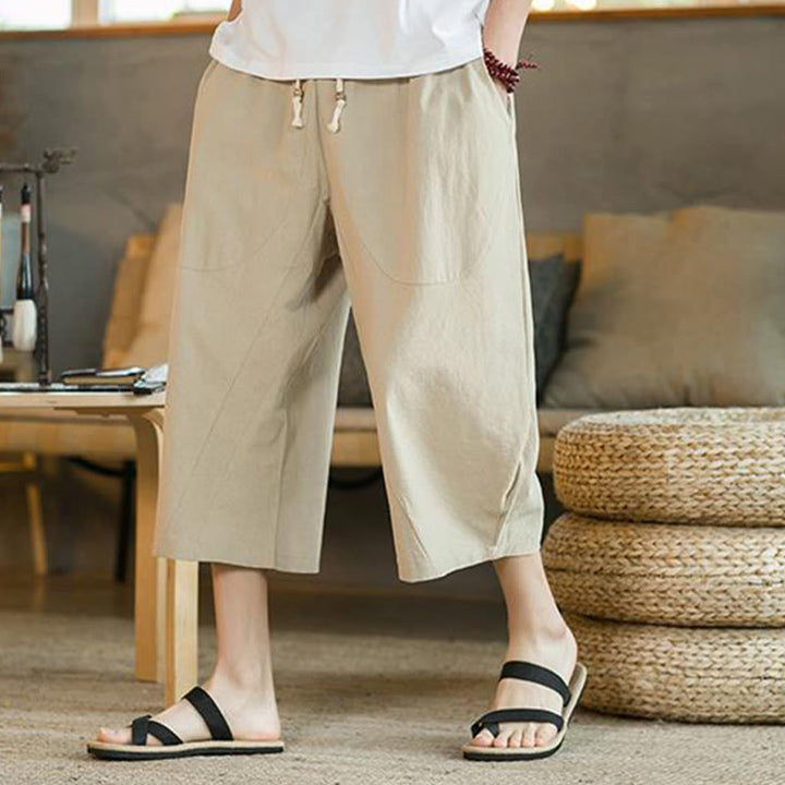 Pantaloni larghi da uomo in lino di media lunghezza con tasche e tinta unita Buddha Stones - image 8