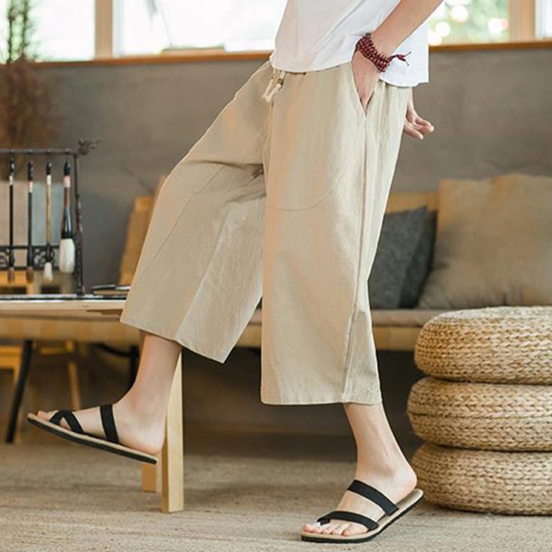 Pantaloni larghi da uomo in lino di media lunghezza con tasche e tinta unita Buddha Stones - image 6