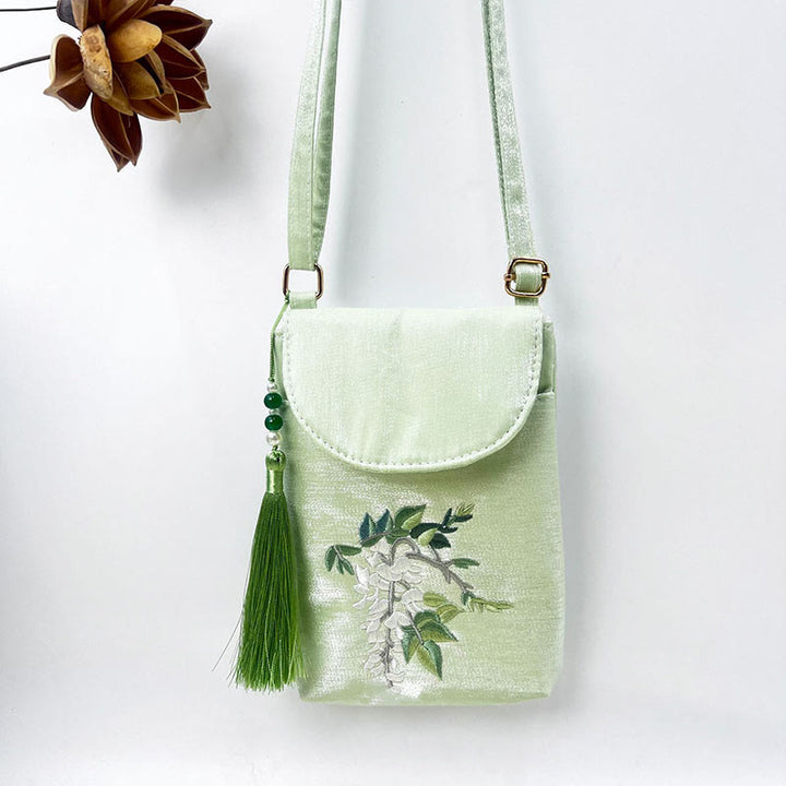 Borsa a tracolla con piccoli fiori ricamati Buddha Stones, borsa a tracolla, borsa per cellulare a doppio strato