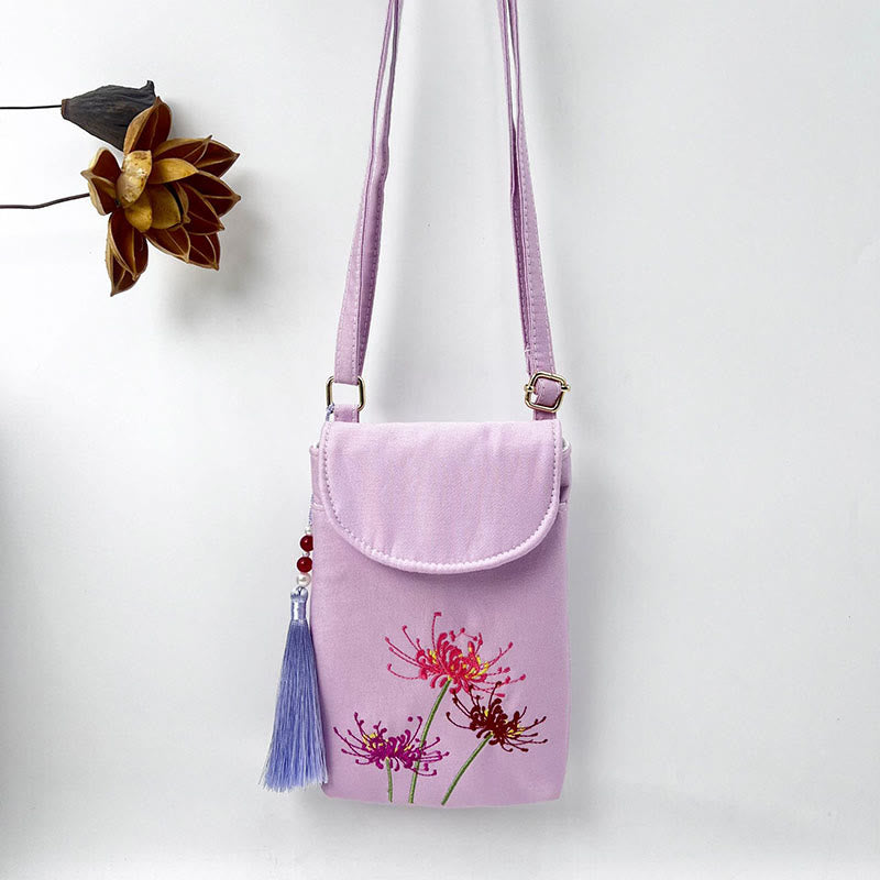 Borsa a tracolla con piccoli fiori ricamati Buddha Stones, borsa a tracolla, borsa per cellulare a doppio strato