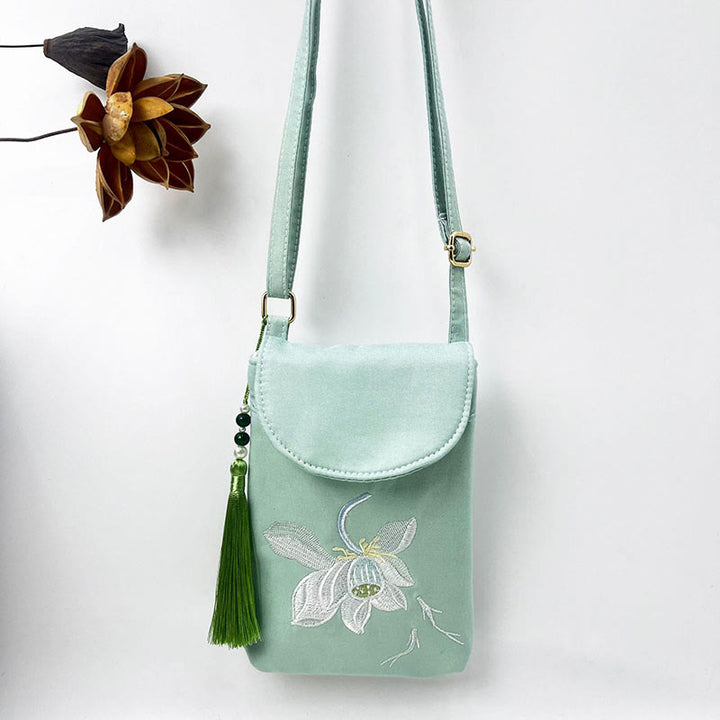 Borsa a tracolla con piccoli fiori ricamati Buddha Stones, borsa a tracolla, borsa per cellulare a doppio strato