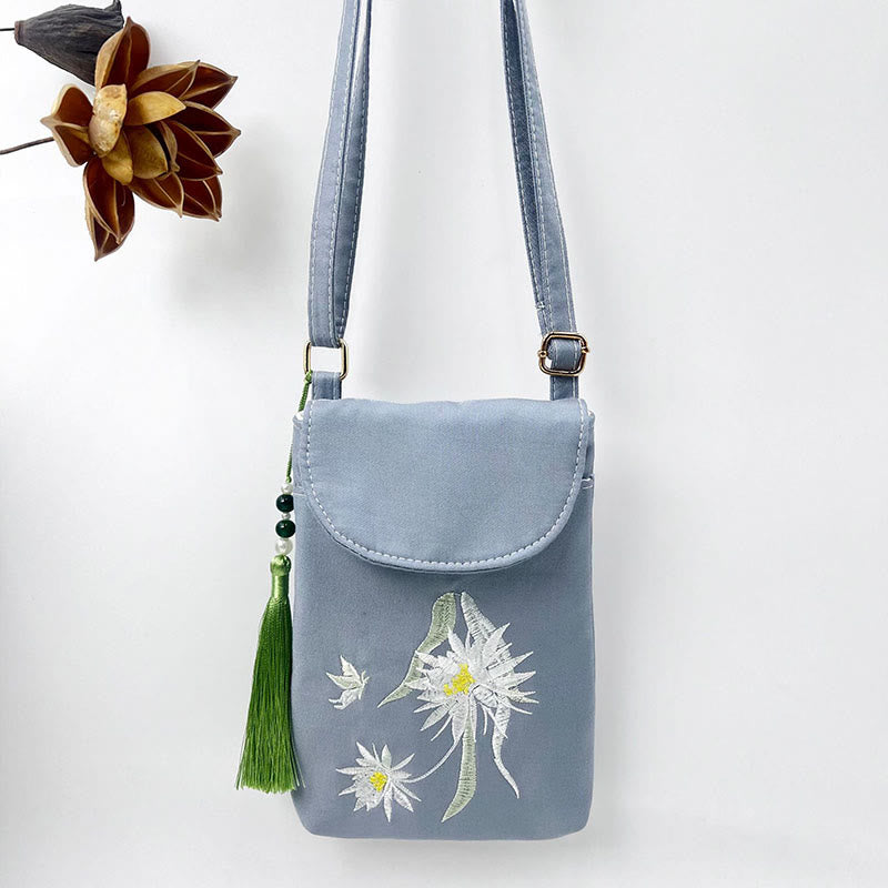 Borsa a tracolla con piccoli fiori ricamati Buddha Stones, borsa a tracolla, borsa per cellulare a doppio strato