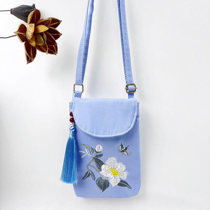 Borsa a tracolla con piccoli fiori ricamati Buddha Stones, borsa a tracolla, borsa per cellulare a doppio strato