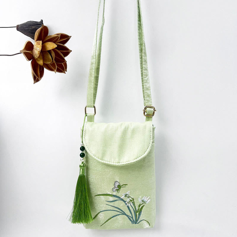 Borsa a tracolla con piccoli fiori ricamati Buddha Stones, borsa a tracolla, borsa per cellulare a doppio strato