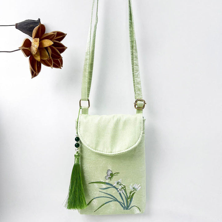 Borsa a tracolla con piccoli fiori ricamati Buddha Stones, borsa a tracolla, borsa per cellulare a doppio strato