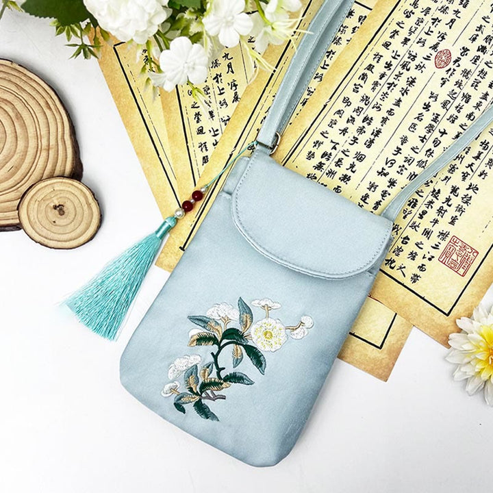 Borsa a tracolla con piccoli fiori ricamati Buddha Stones, borsa a tracolla, borsa per cellulare a doppio strato