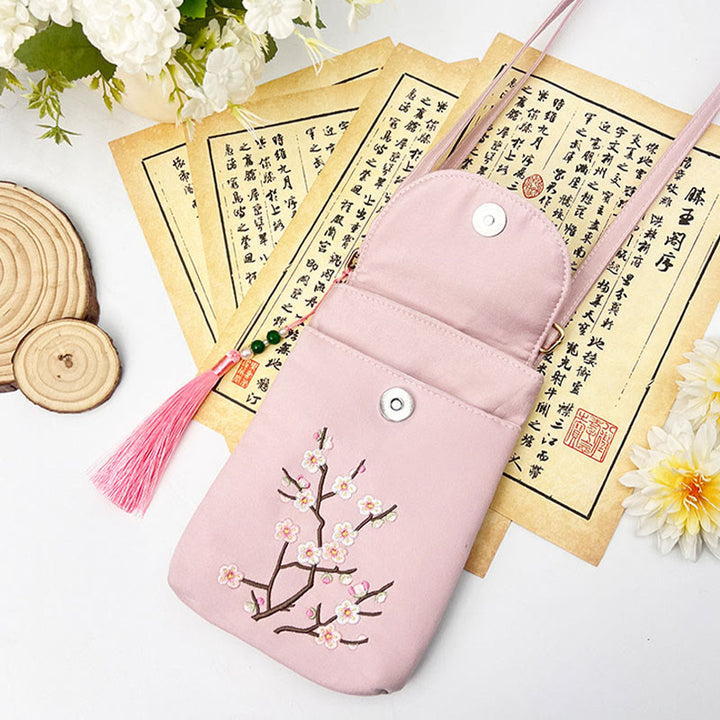 Borsa a tracolla con piccoli fiori ricamati Buddha Stones, borsa a tracolla, borsa per cellulare a doppio strato