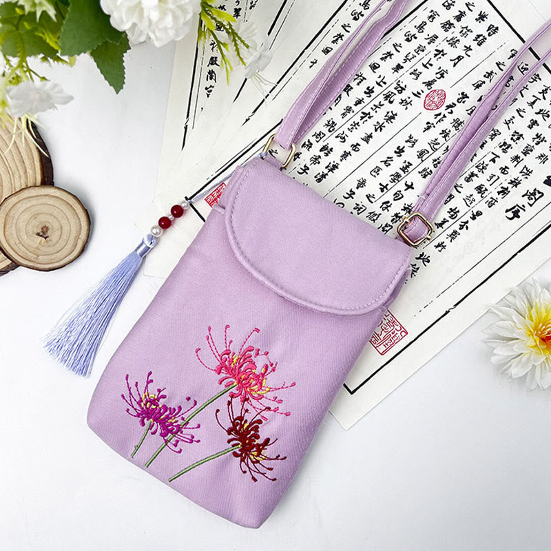 Borsa a tracolla con piccoli fiori ricamati Buddha Stones, borsa a tracolla, borsa per cellulare a doppio strato