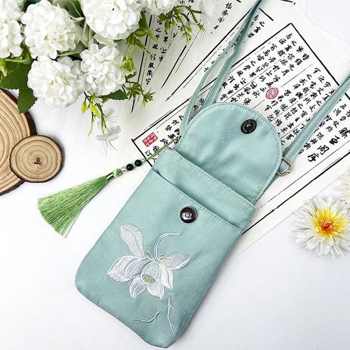 Borsa a tracolla con piccoli fiori ricamati Buddha Stones, borsa a tracolla, borsa per cellulare a doppio strato