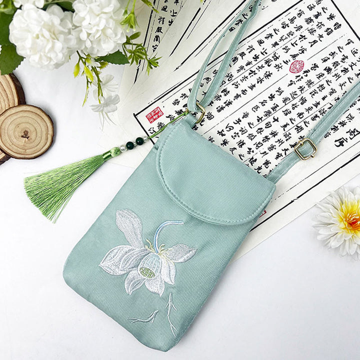 Borsa a tracolla con piccoli fiori ricamati Buddha Stones, borsa a tracolla, borsa per cellulare a doppio strato